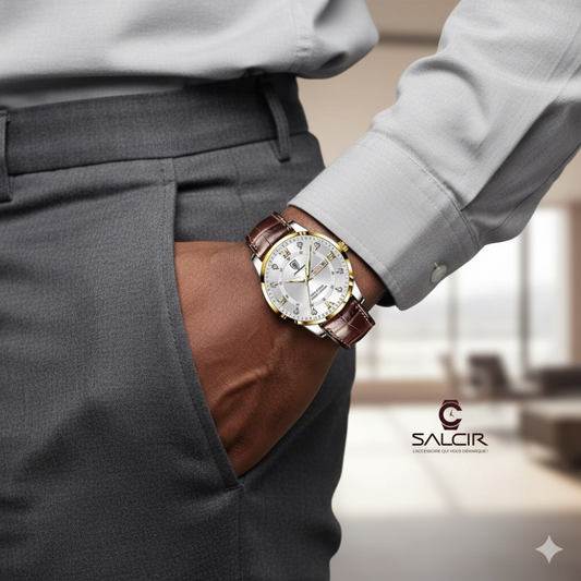 Montre SALCIR Prestance Ndiaga portée — cadran doré et bracelet cuir véritable — Dakar
