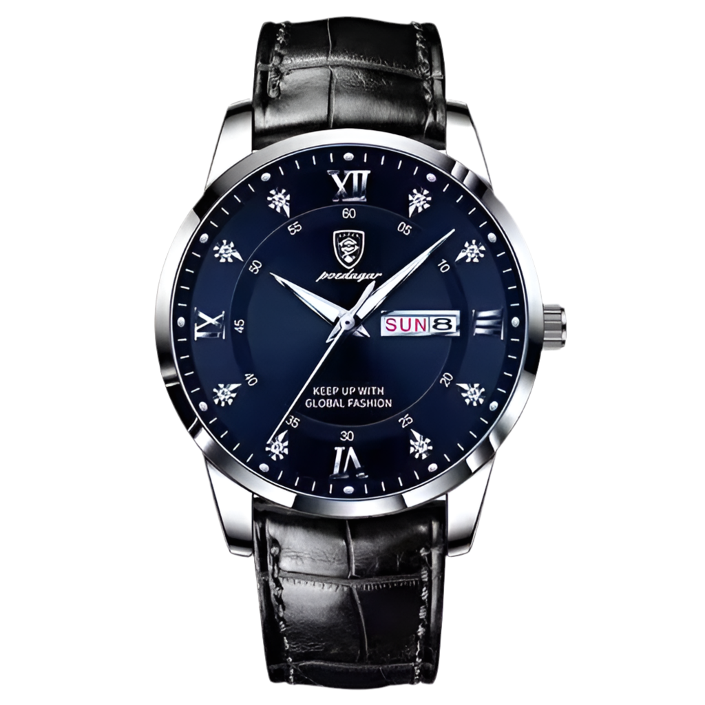 Montre homme SALCIR Prestance Assane — cadran bleu nuit, bracelet cuir noir — Dakar Sénégal