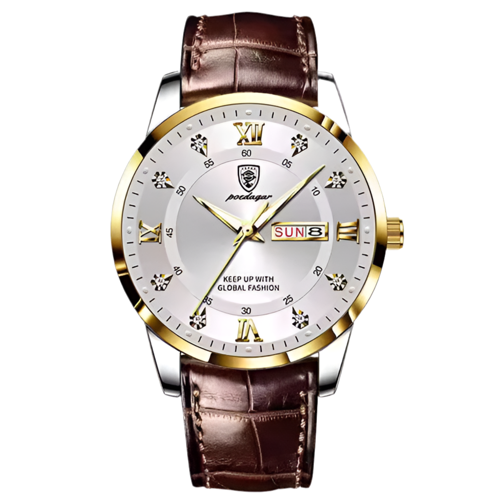 Montre homme SALCIR Prestance Ndiaga — cadran doré, jour et date, bracelet cuir — Dakar Sénégal