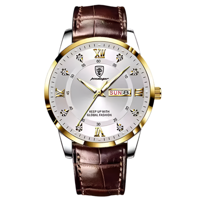 Montre homme SALCIR Prestance Ndiaga — cadran doré, jour et date, bracelet cuir — Dakar Sénégal