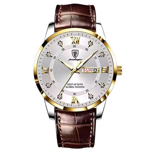 Montre homme SALCIR Prestance Ndiaga — cadran doré, jour et date, bracelet cuir — Dakar Sénégal
