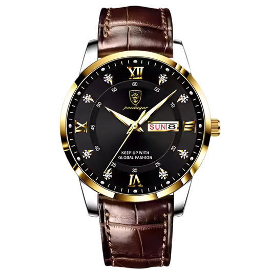 Montre homme SALCIR Prestance Souleymane — cadran noir et doré, chiffres romains, cuir marron — Dakar Sénégal