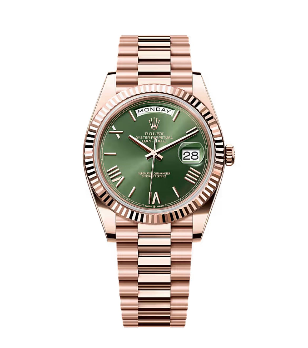 Rolex Day-Date Everose Gold cadran olive bracelet président — SALCIR Sénégal