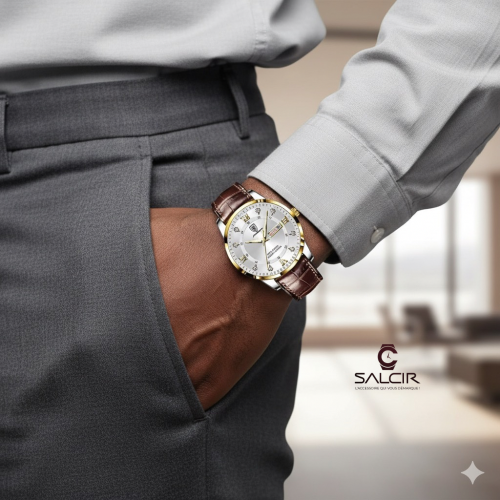 Montre SALCIR Prestance Ndiaga portée — cadran doré et bracelet cuir véritable — Dakar