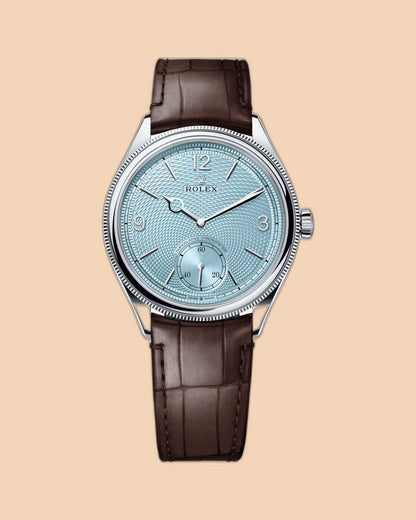 Montre SALCIR Héritage Bleu Glacier sur fond crème — montre habillée cadran guilloché à Dakar