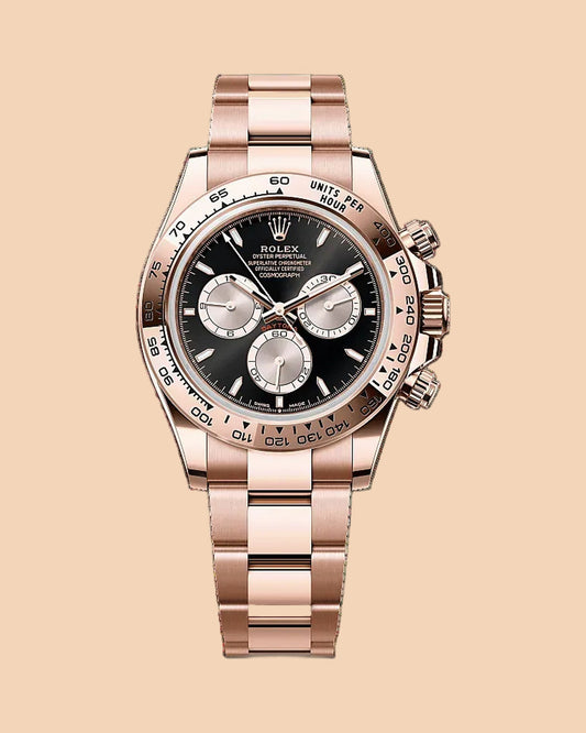 Montre SALCIR Piste Velvet sur fond crème — chronographe noir et or rose à Dakar