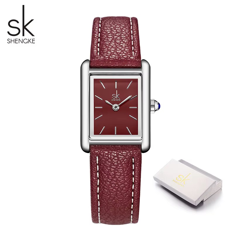 Montre SHENGKE rectangulaire femme, cadran bordeaux, bracelet bordeaux surpiqué, couronne à cabochon bleu