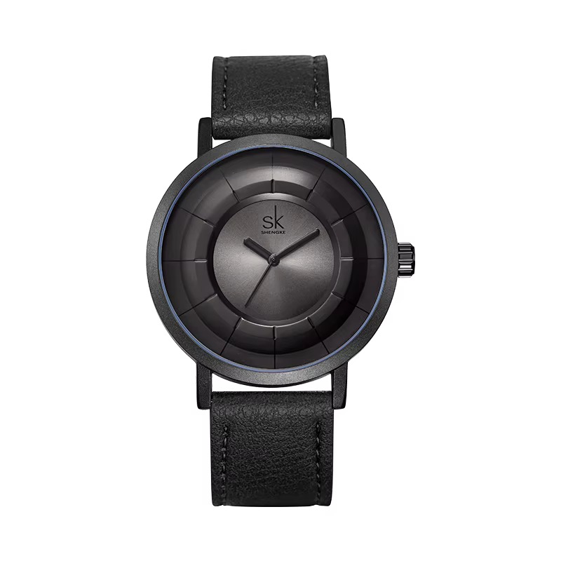 Montre SHENGKE au cadran en relief à plusieurs niveaux, boîtier noir, cadran anthracite, bracelet noir