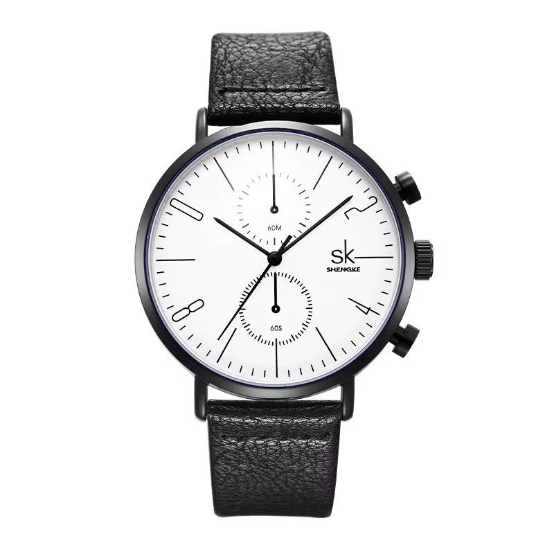 Montre SHENGKE chronographe, boîtier noir, cadran blanc à deux compteurs, bracelet noir
