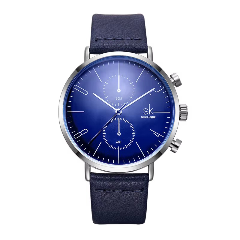Montre SHENGKE chronographe, boîtier argenté, cadran bleu dégradé à deux compteurs, bracelet bleu