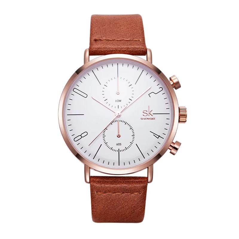 Montre SHENGKE chronographe, boîtier ton or rose, cadran blanc à deux compteurs, bracelet marron