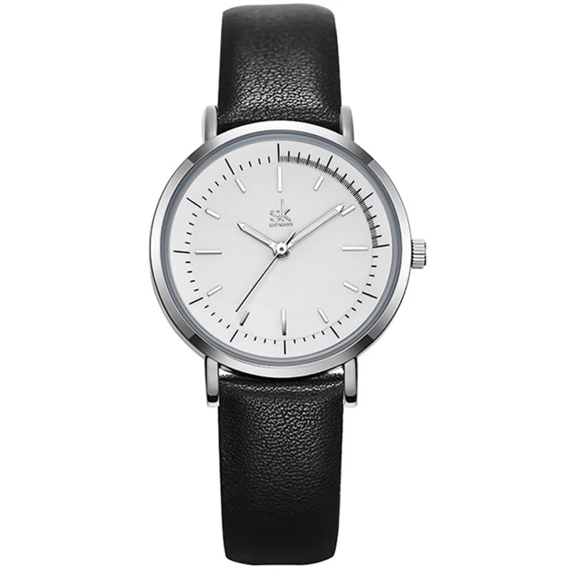Montre SHENGKE minimaliste ronde argentée à cadran blanc, vue de face