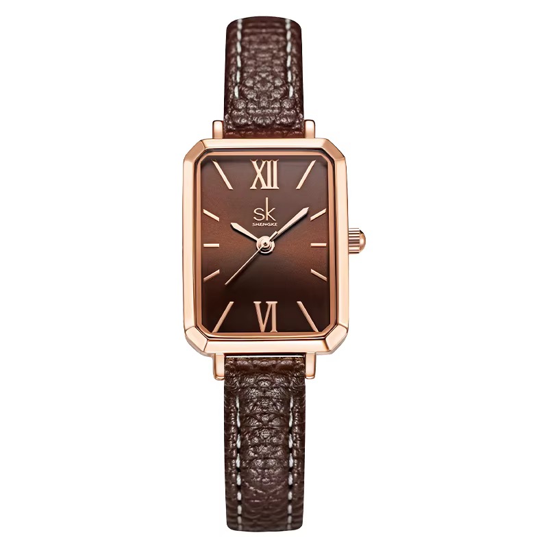 Montre femme SHENGKE rectangulaire, boîtier ton or rose, cadran chocolat à chiffres romains, bracelet marron