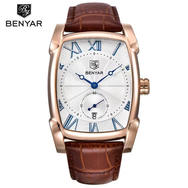 Montre BENYAR tonneau homme, boîtier ton or rose, cadran blanc à chiffres romains bleus, bracelet marron effet croco