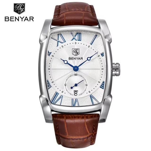 Montre BENYAR tonneau homme, boîtier argenté, cadran blanc à chiffres romains bleus, bracelet marron effet croco