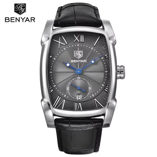 Montre BENYAR tonneau homme, boîtier argenté, cadran gris à chiffres romains, bracelet noir effet croco