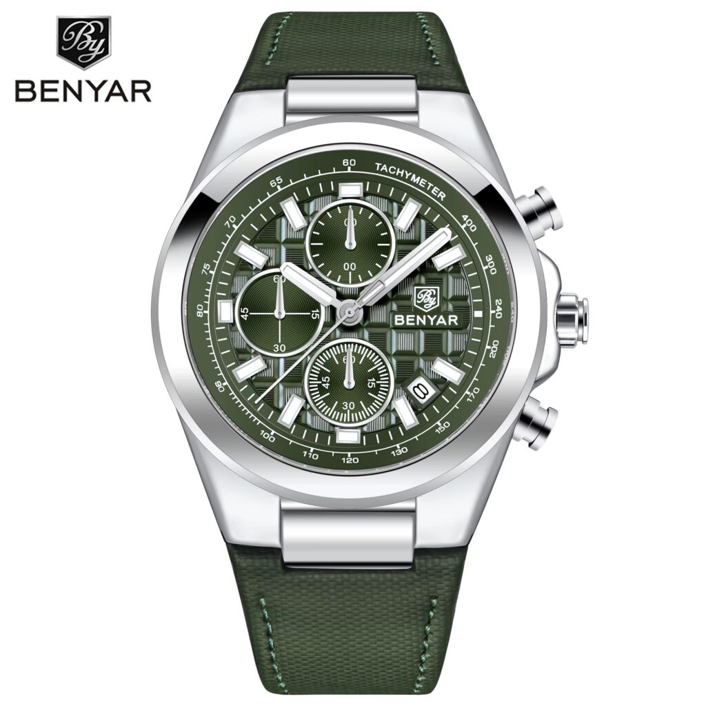 Montre BENYAR chronographe homme, cadran vert texturé en damier à trois compteurs, boîtier argenté, bracelet vert