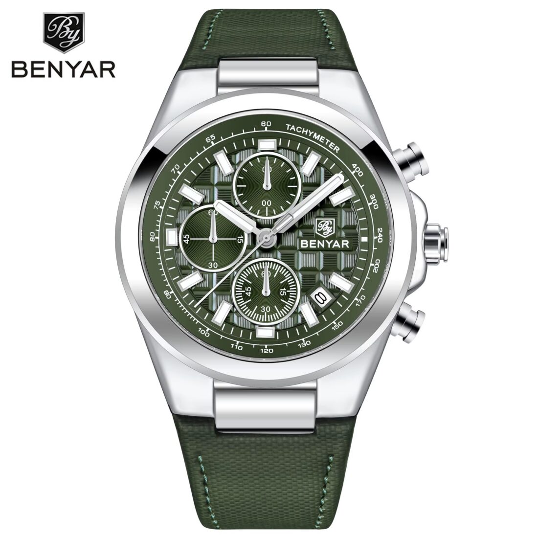 Montre BENYAR chronographe homme, cadran vert texturé en damier à trois compteurs, boîtier argenté, bracelet vert