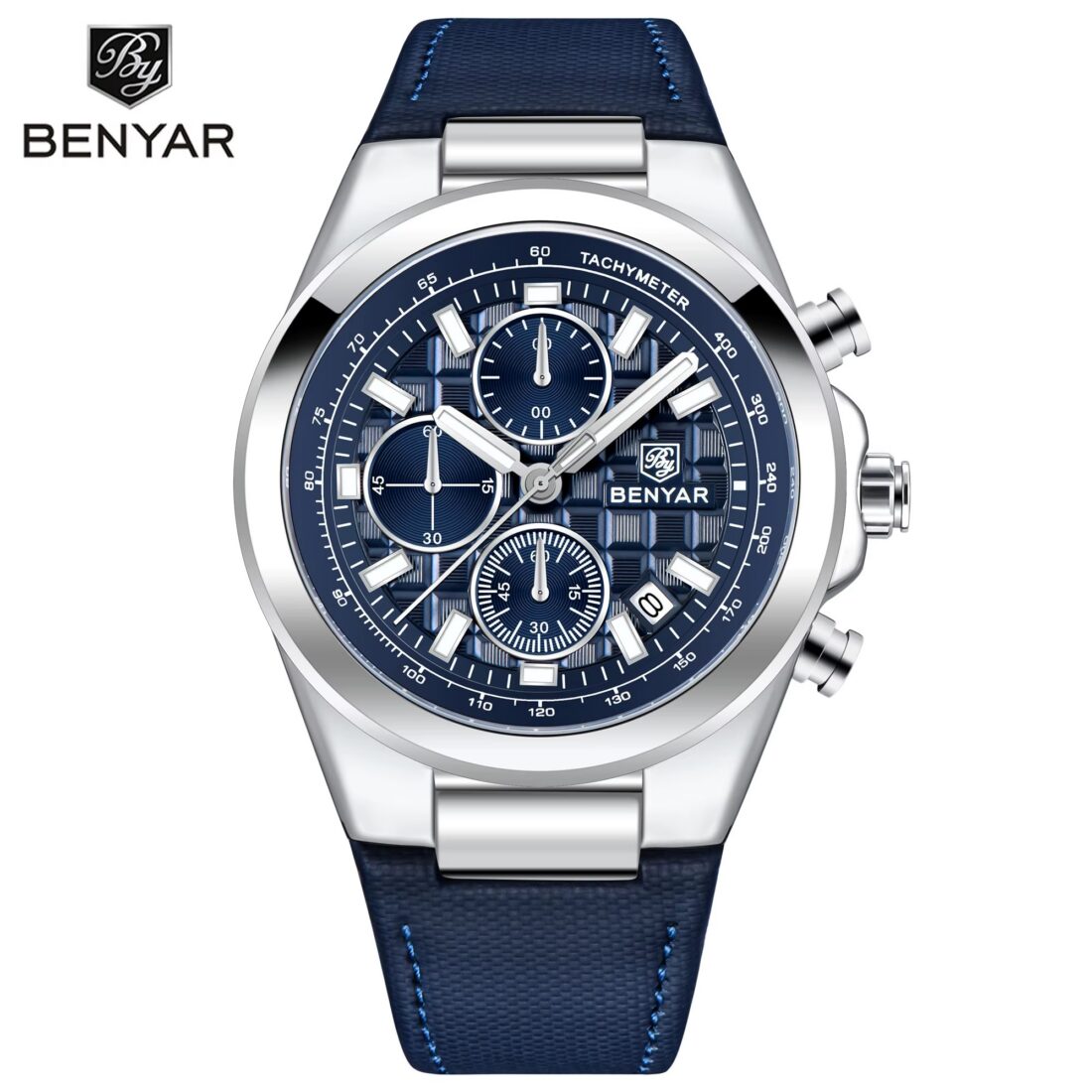 Montre BENYAR chronographe homme, cadran bleu texturé en damier à trois compteurs, boîtier argenté, bracelet bleu