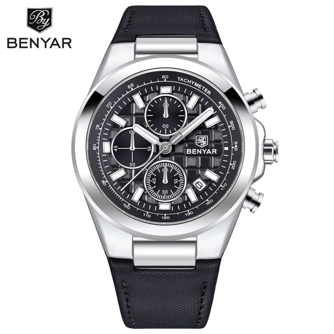 Montre BENYAR chronographe homme, cadran noir texturé en damier à trois compteurs, boîtier argenté, bracelet noir