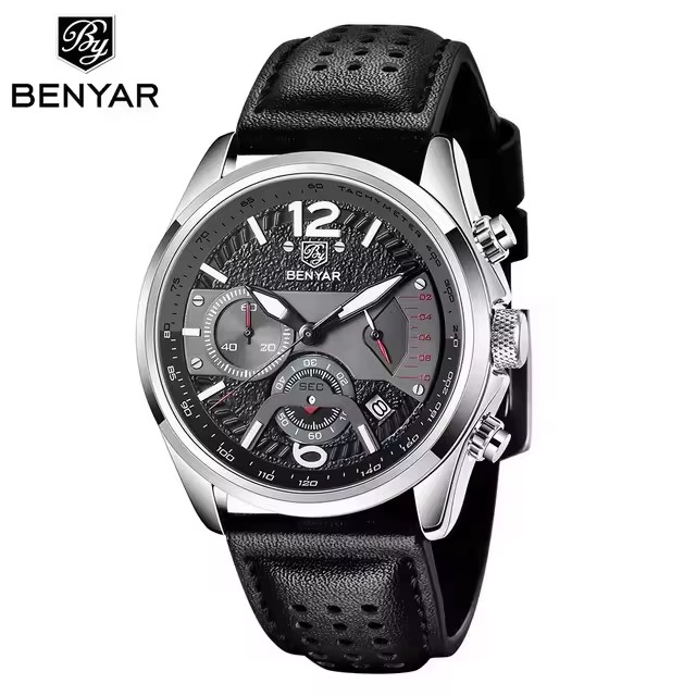 Montre BENYAR chronographe rallye homme, cadran noir à grands chiffres 12 et 6, bracelet noir perforé