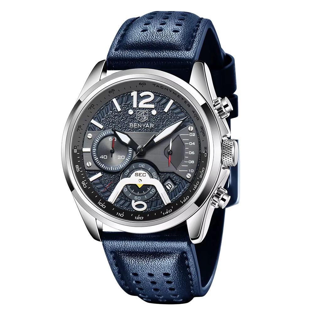 Montre BENYAR chronographe rallye homme, cadran bleu nuit à grands chiffres 12 et 6, bracelet bleu perforé