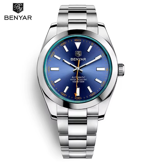 Montre automatique BENYAR homme, cadran bleu, trotteuse orange en forme d'éclair, liseré vert, bracelet métal