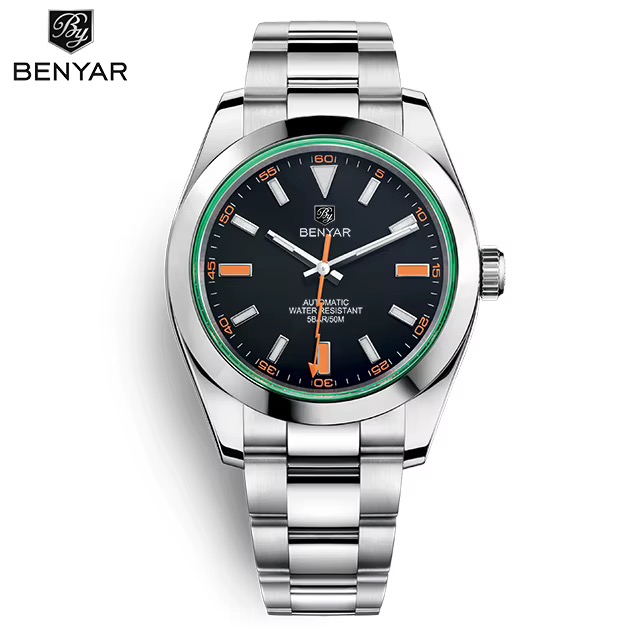 Montre automatique BENYAR homme, cadran noir à index orange, trotteuse en forme d'éclair, liseré vert, bracelet métal