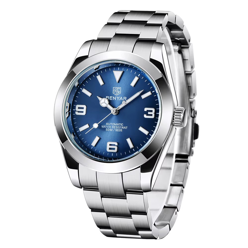 Montre automatique BENYAR homme, cadran bleu à chiffres 3, 6 et 9, bracelet métal