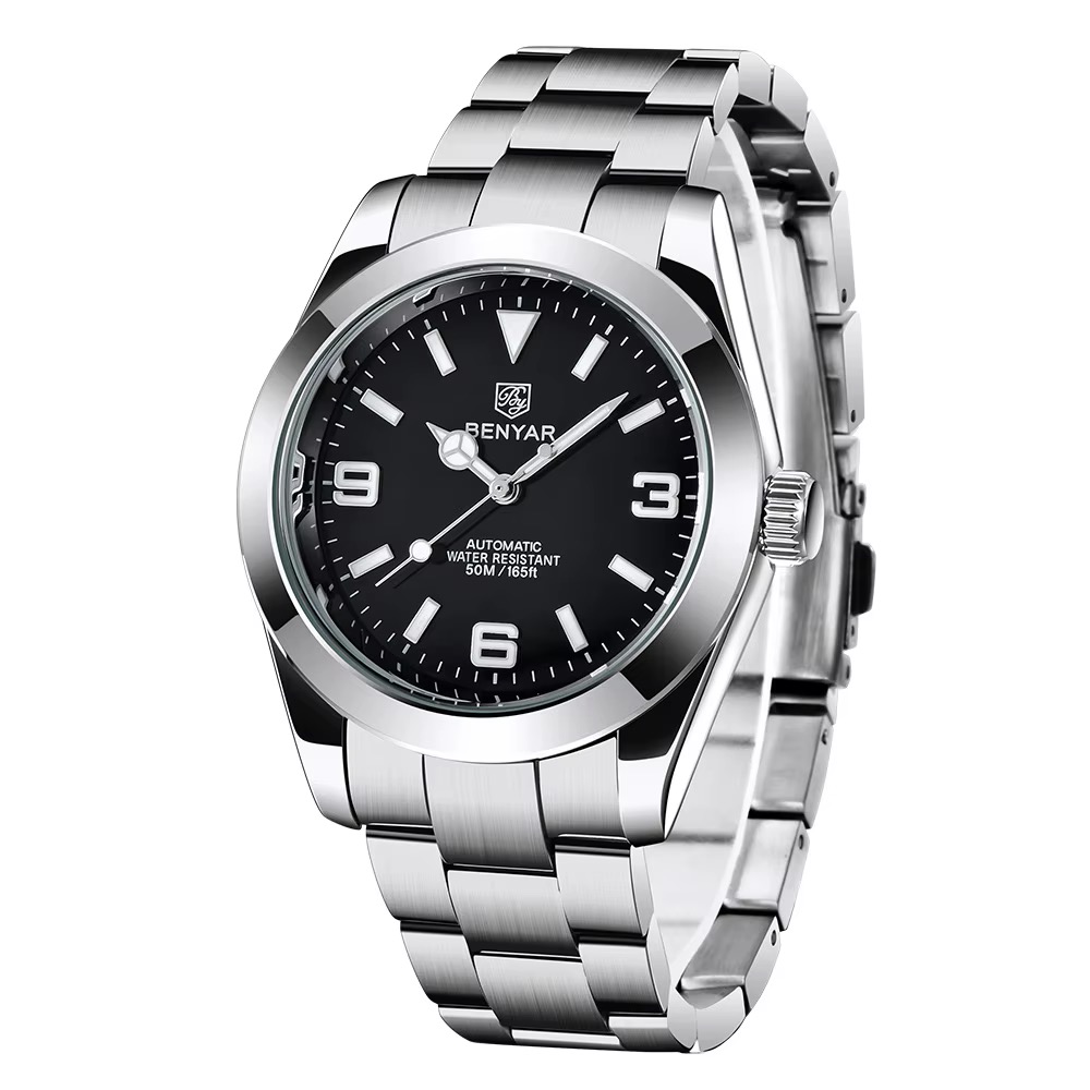 Montre automatique BENYAR homme, cadran noir à chiffres 3, 6 et 9, bracelet métal