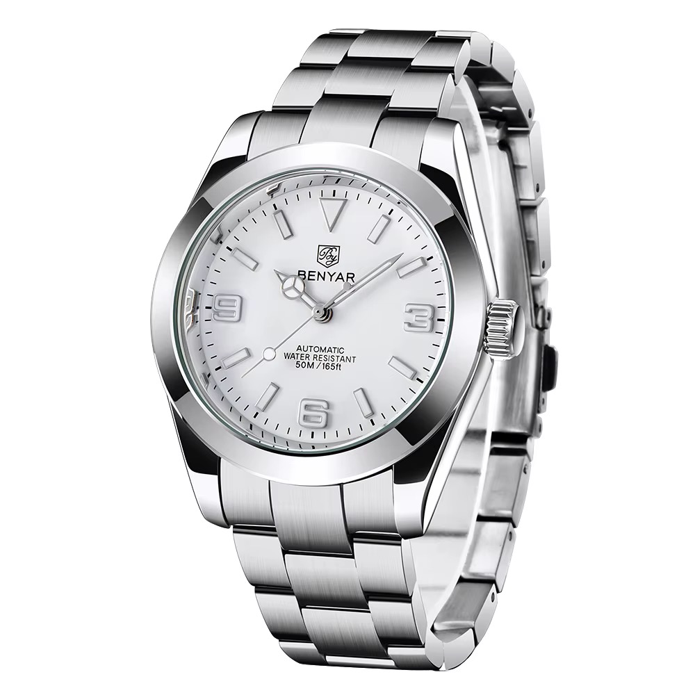 Montre automatique BENYAR homme, cadran blanc à chiffres 3, 6 et 9, bracelet métal