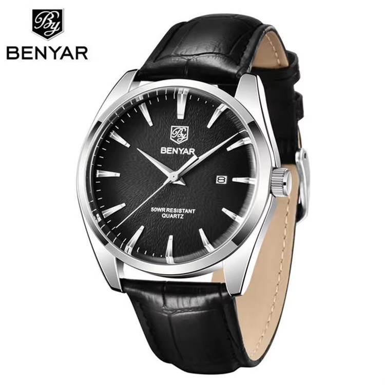 Montre BENYAR classique homme, cadran noir texturé avec date, bracelet noir