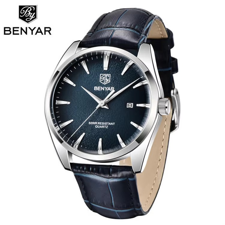 Montre BENYAR classique homme, cadran bleu dégradé avec date, bracelet bleu effet croco