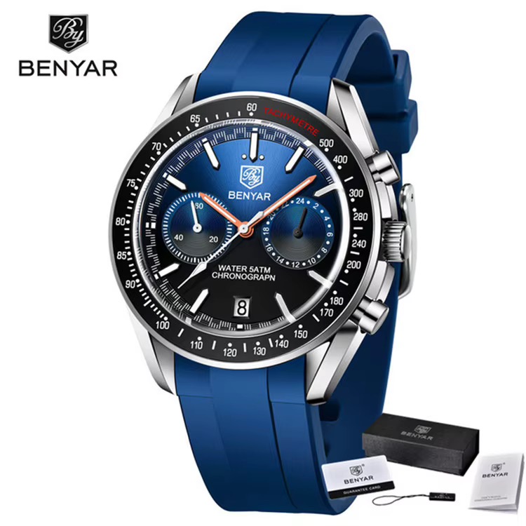 Montre BENYAR chronographe homme, cadran bleu, lunette tachymètre noire, bracelet souple bleu