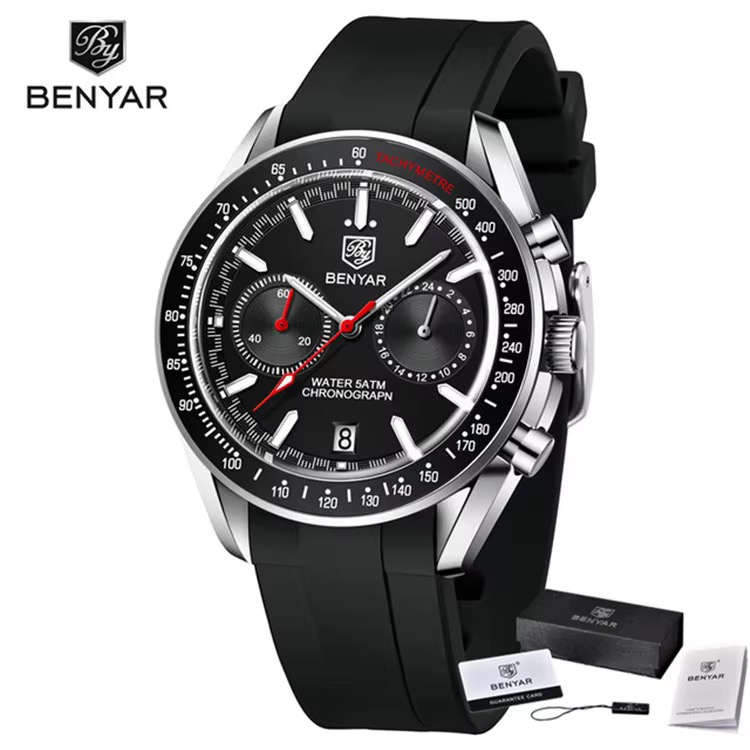 Montre BENYAR chronographe homme, cadran noir, lunette tachymètre noire, bracelet souple noir