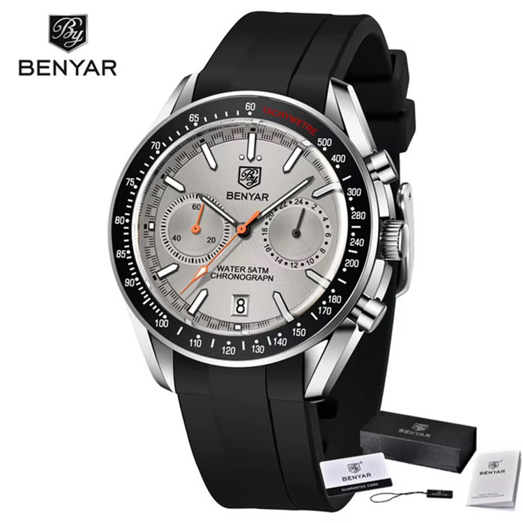 Montre BENYAR chronographe homme, cadran gris clair, lunette tachymètre noire, bracelet souple noir