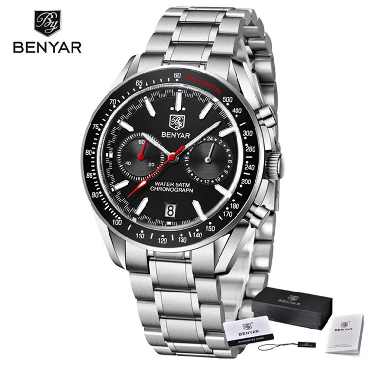 Montre BENYAR chronographe homme, cadran noir, lunette tachymètre noire, bracelet métal