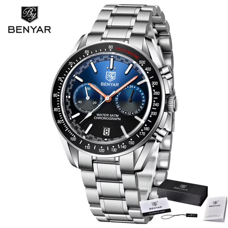 Montre BENYAR chronographe homme, cadran bleu, lunette tachymètre noire, bracelet métal