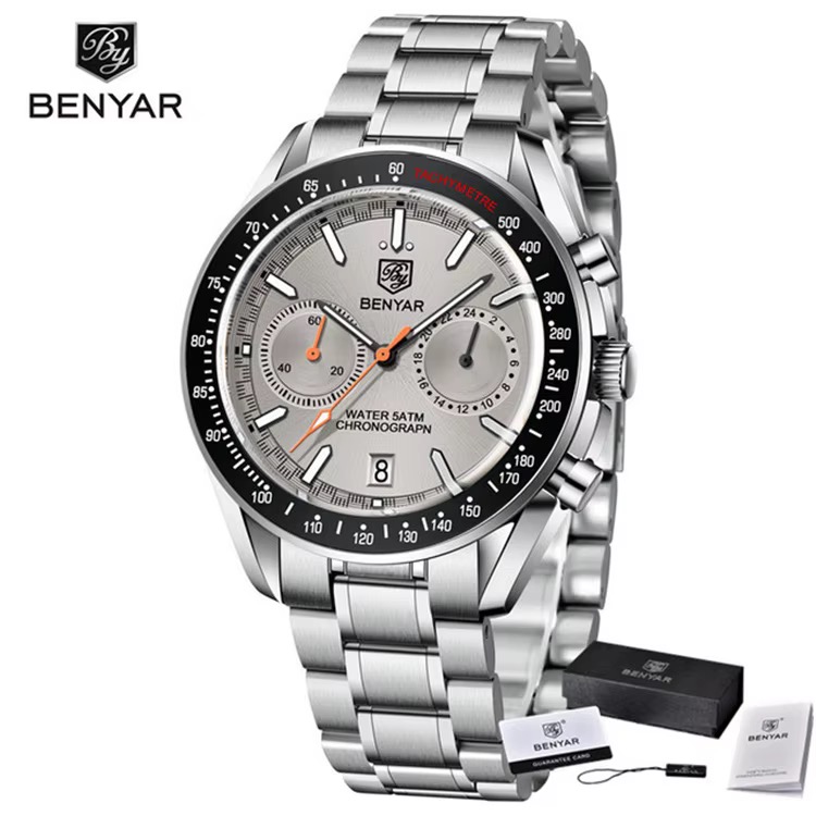 Montre BENYAR chronographe homme, cadran gris clair, lunette tachymètre noire, bracelet métal