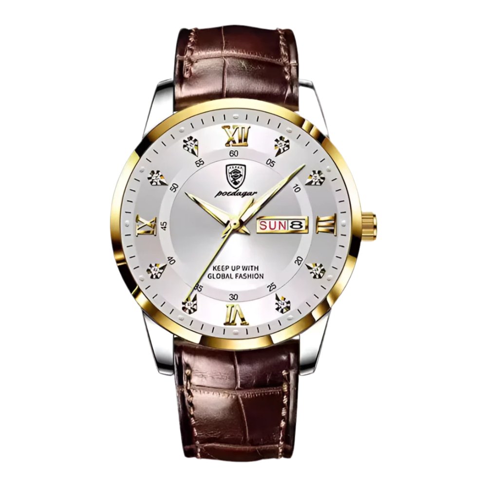 Montre SALCIR Prestance Ndiaga, cadran blanc et doré, bracelet cuir marron