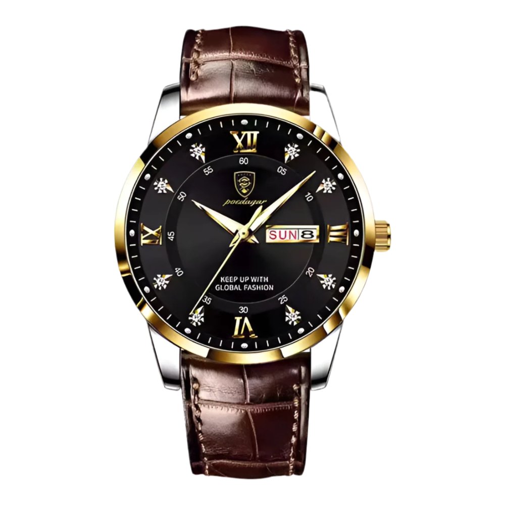 Montre SALCIR Prestance Souleymane, cadran noir et doré, bracelet cuir marron